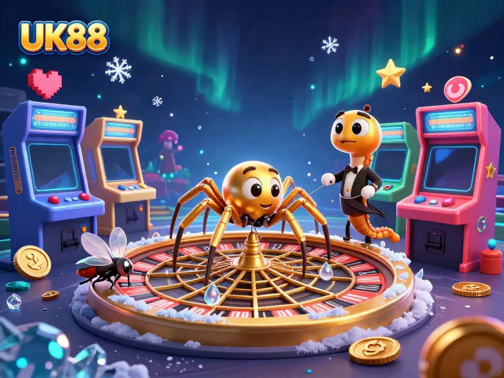 Engage with UK88’s thrilling betting environment featuring a vibrant 3D spider wheel, sports elements, and neon arcade vibes.