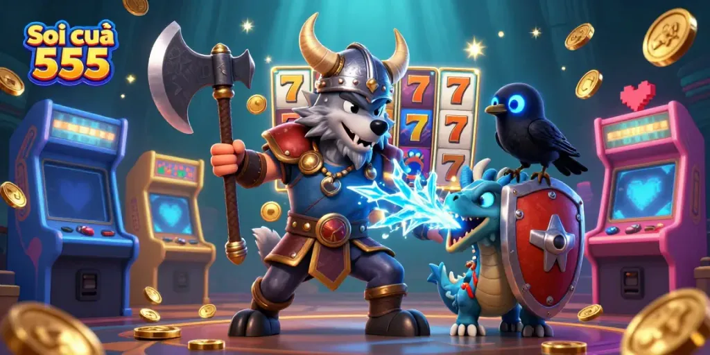Soi cầu 555 Viking warrior and dragon amidst colorful slot games and prizes.