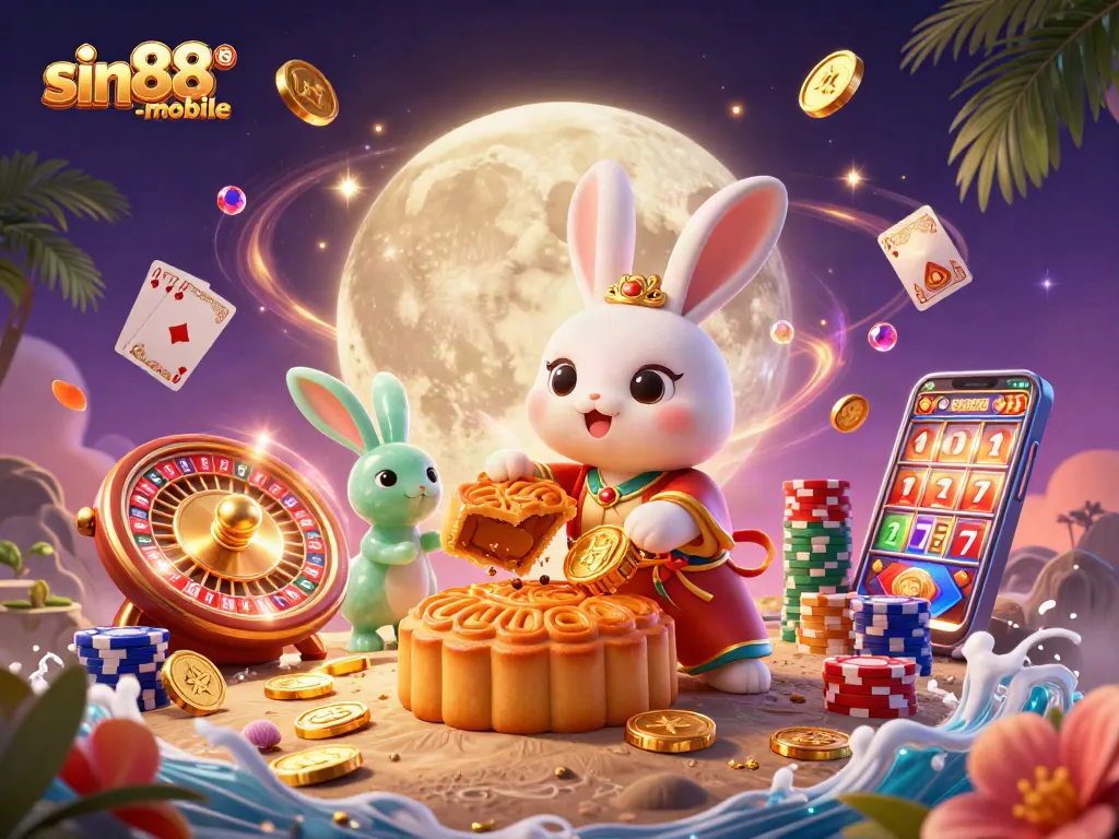 Experience thrilling gameplay with sin88-mobile where the moon rabbit reveals poker chips amidst a casino wonderland.