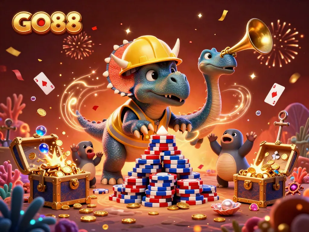 Celebrate your wins with GO88, featuring a triceratops building poker chips amidst colorful casino elements.