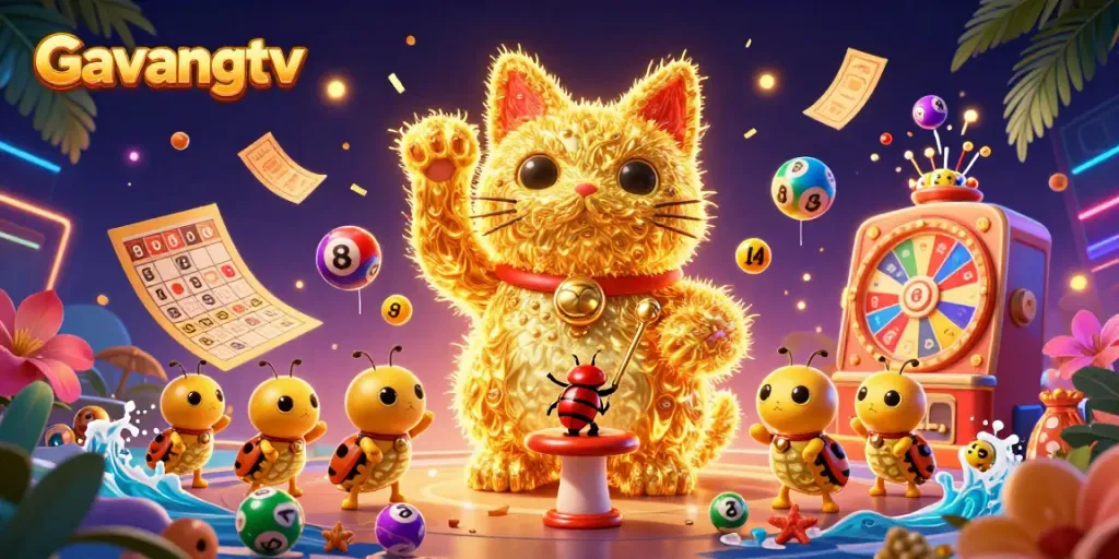 Experience exciting gameplay with Gavangtv's vibrant golden lucky cat illustration and dynamic casino elements.