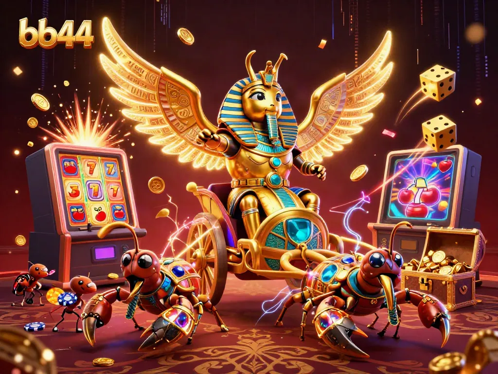 Engage in thrilling gaming at bb44 with a dynamic scene of a scarab beetle chariot among casino elements.