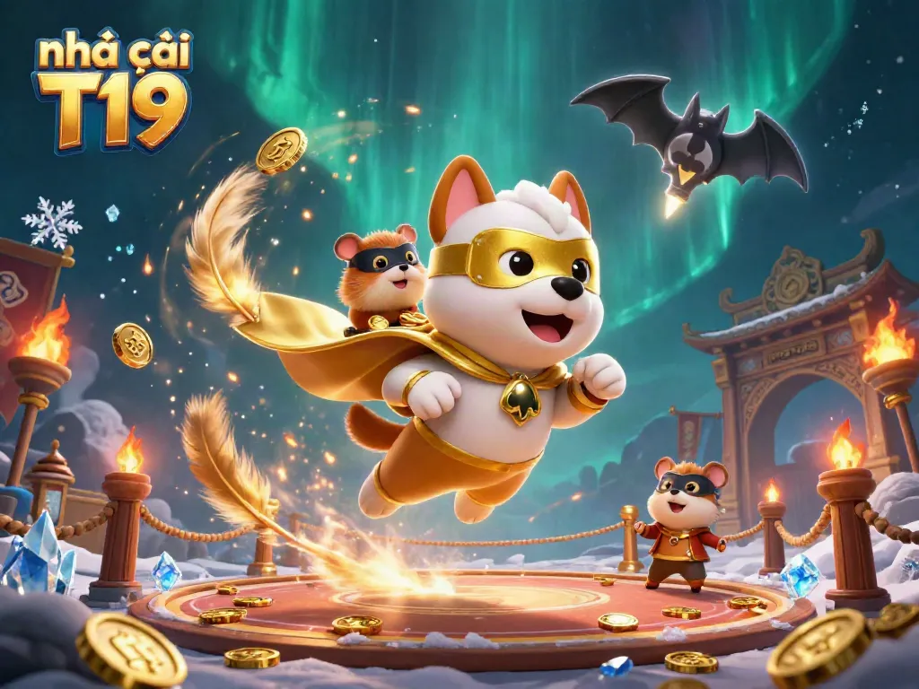 Engage with the exciting world of nhà cái T19 through an adventure with a 3D superhero dog and hamster in a dynamic casino scene.