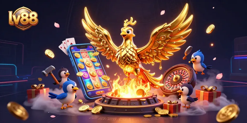 Experience exciting gaming with lv88 featuring a golden phoenix and vibrant casino elements.