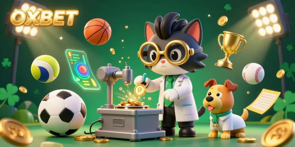 Betting on OXBET with dynamic sports elements and whimsical characters in a vibrant scene.