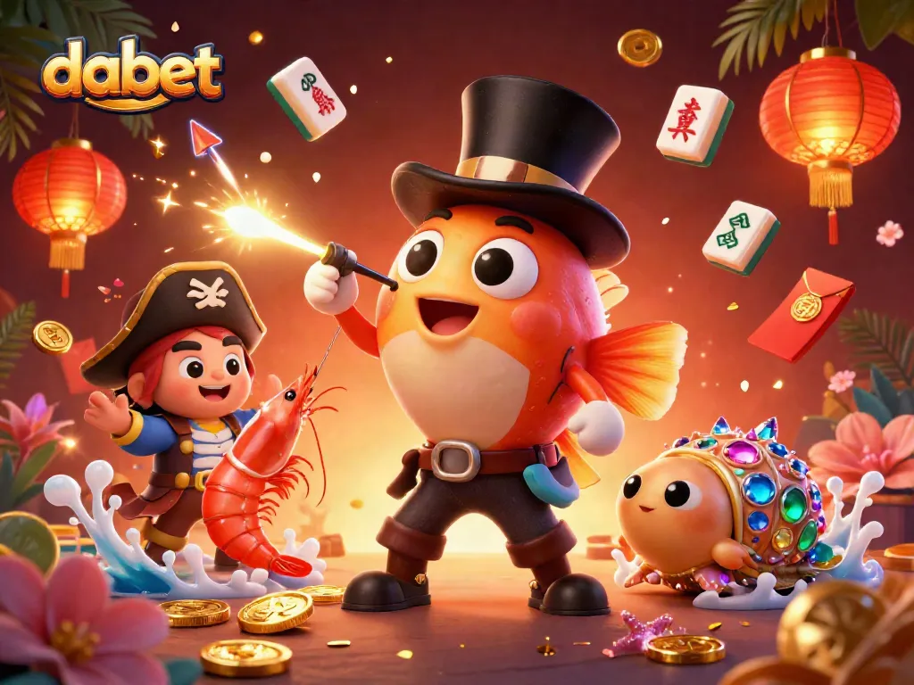Experience the excitement of dabet's casino games with an anglerfish attracting golden coins amidst festive elements.