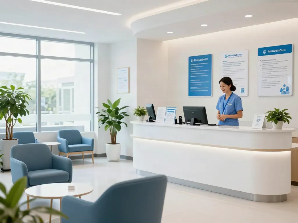 A modern medical clinic showcasing patient care services and high-quality healthcare provider interactions, featuring elegant decor and welcoming staff.