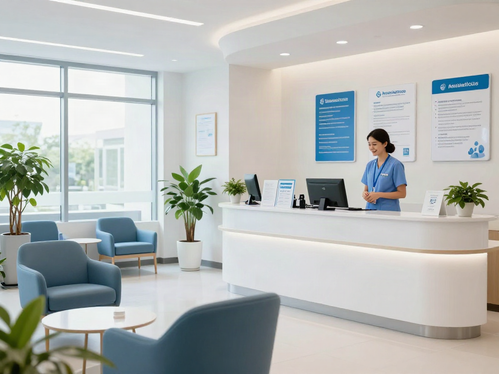 A modern medical clinic showcasing patient care services and high-quality healthcare provider interactions, featuring elegant decor and welcoming staff.