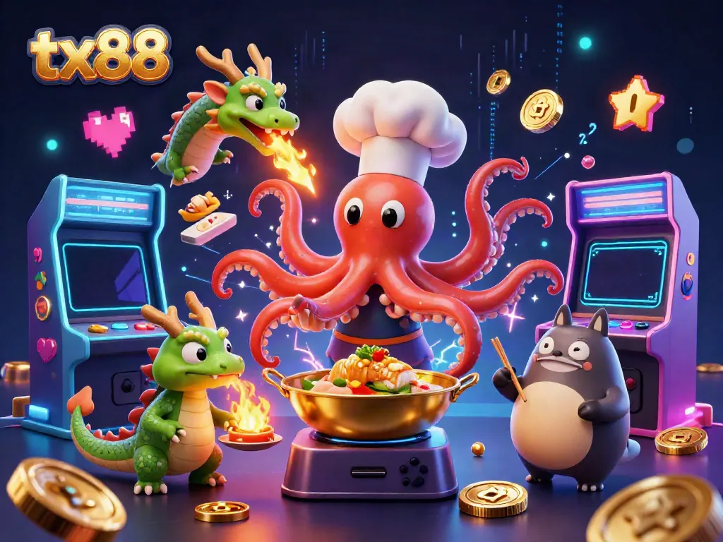 Experience casino excitement with tx88 featuring an octopus chef, dragon, and tanuki, all in vivid play.