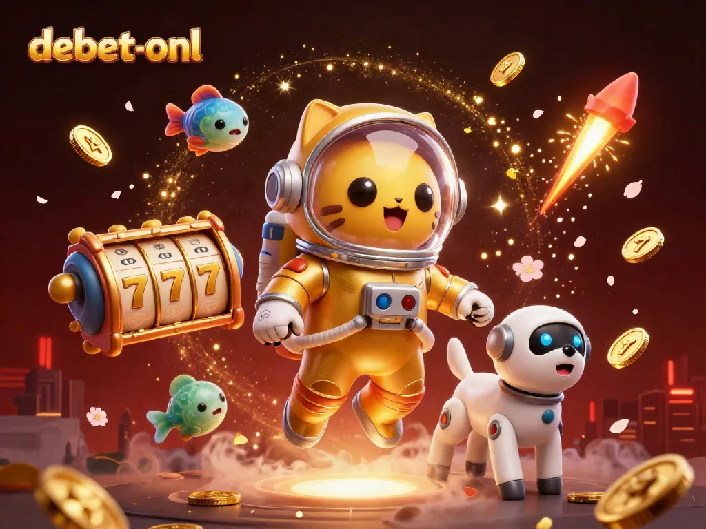 Experience gaming excitement with debet-onl's thrilling slots and vibrant scene of cosmic characters.